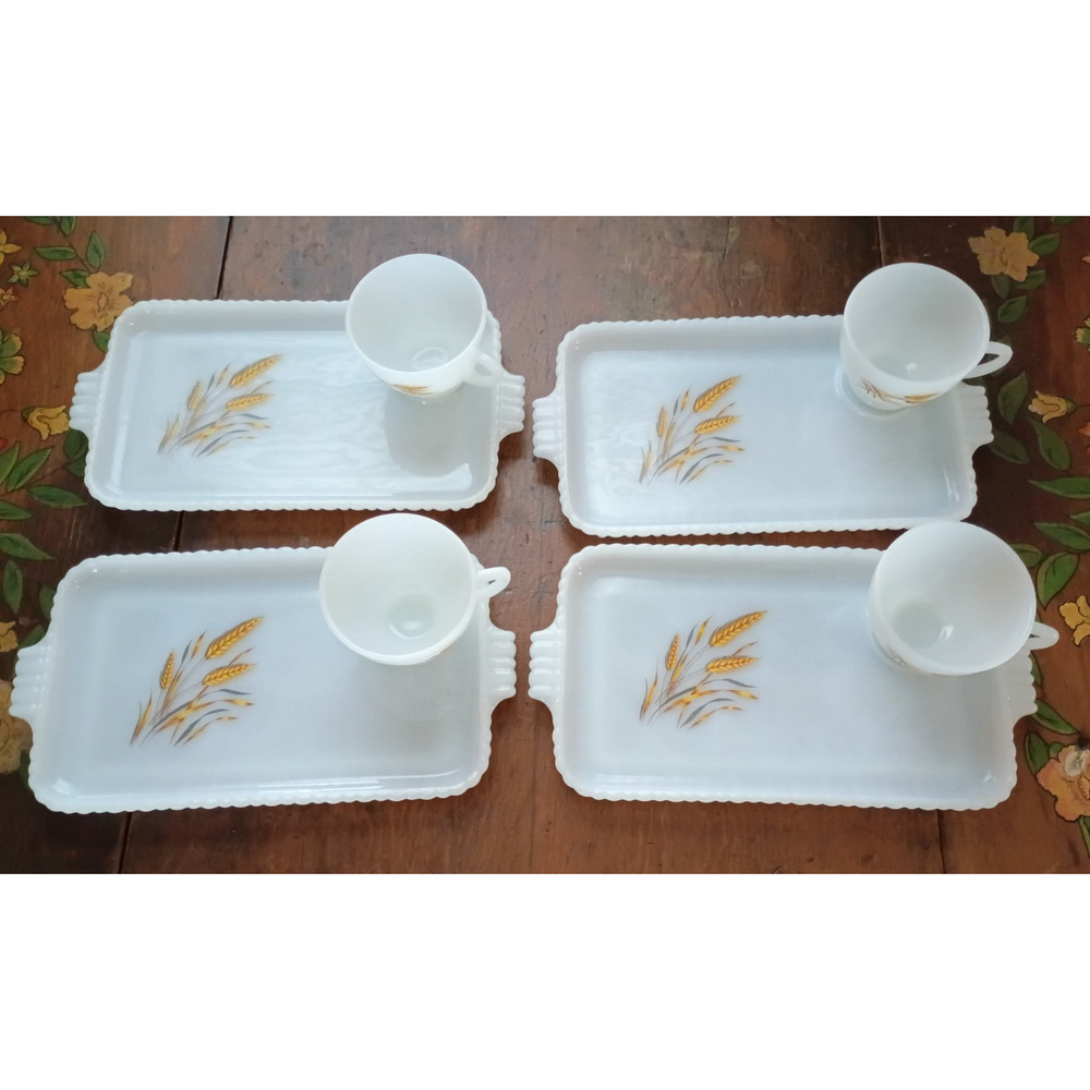 4 Sets VTG Anchor Hocking White Milk Glass Wheat Snack Trays & Cups MCM 11x6